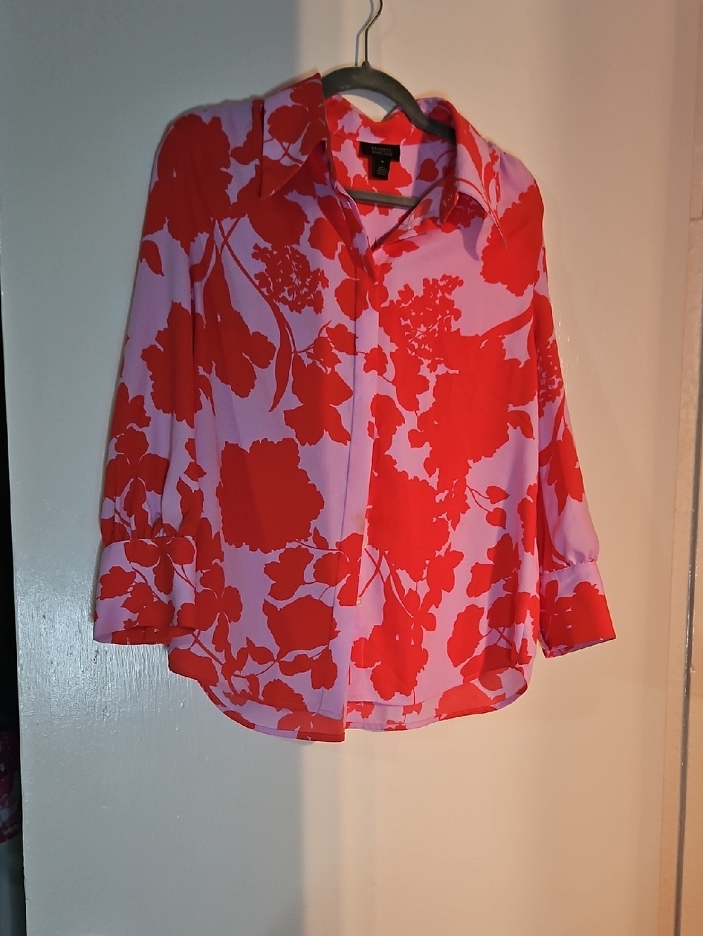 Halogen Pink Button-Down Blouse with Red Floral Print